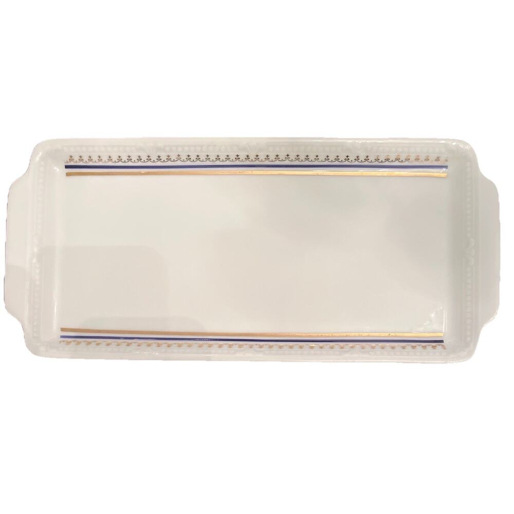 Mitterteich Bavaria 14.5 Rectangular Serving Tray Blue Gold Trim Porcelain